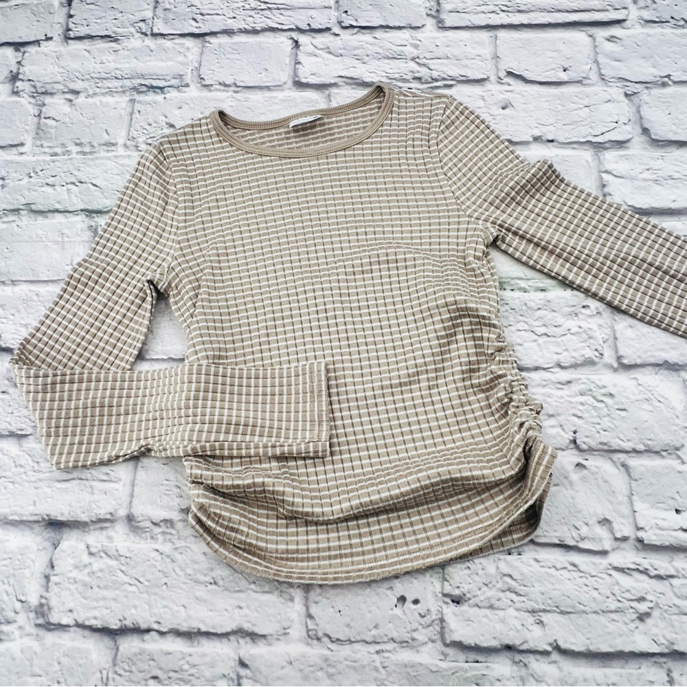 Abercrombie Kids Knit Top 11/12 Beige White Stripe Textured Ruched Long sleeve